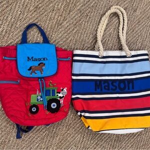 Kids' Red Backpack and Striped Tote Set Personalized Name: MASON